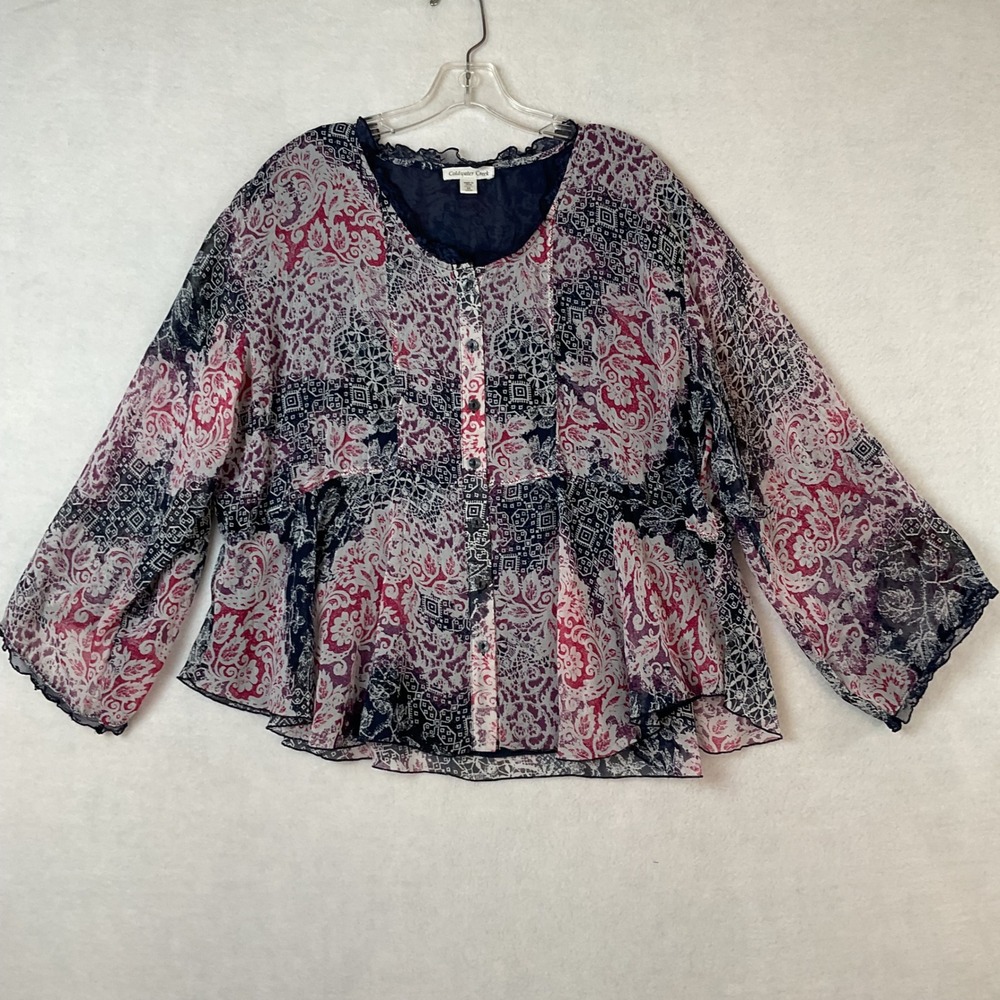 Coldwater Creek Womens M Paisley Patchwork Lace Trim Button Blouse Navy Magenta